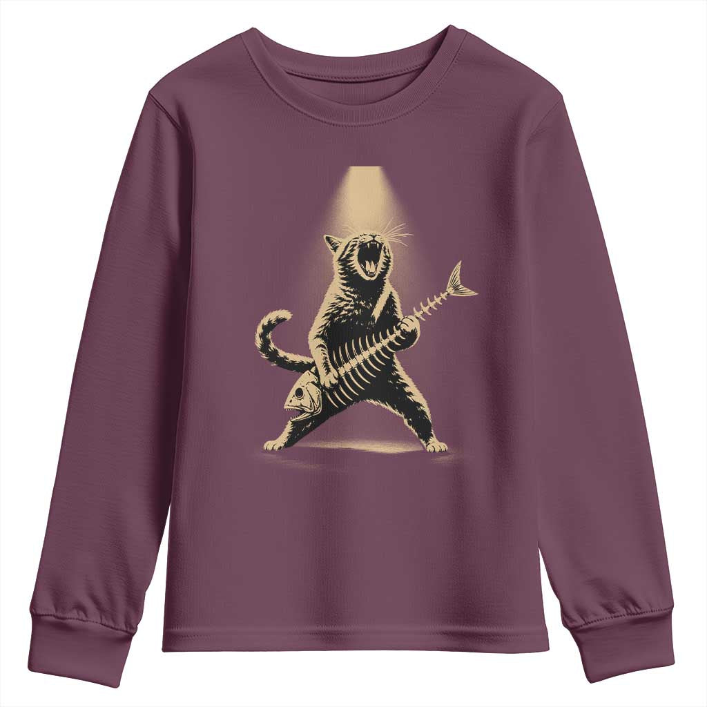 Rocker Cat Playing Fishbone Guitar Heavy Metal Musician Graphic Youth Sweatshirt