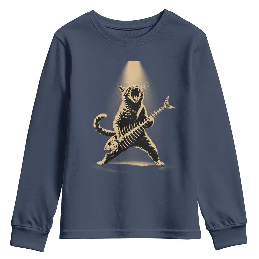 Rocker Cat Playing Fishbone Guitar Heavy Metal Musician Graphic Youth Sweatshirt