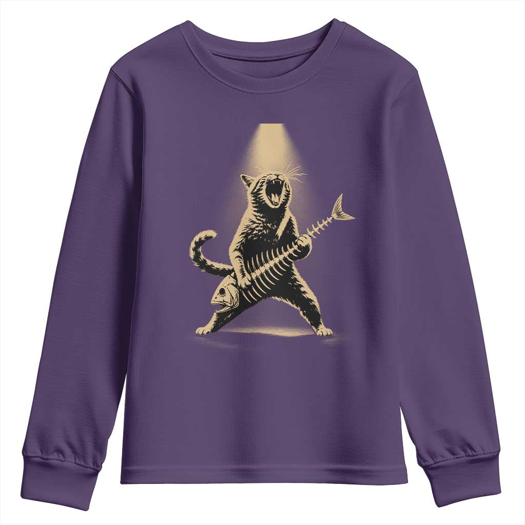 Rocker Cat Playing Fishbone Guitar Heavy Metal Musician Graphic Youth Sweatshirt