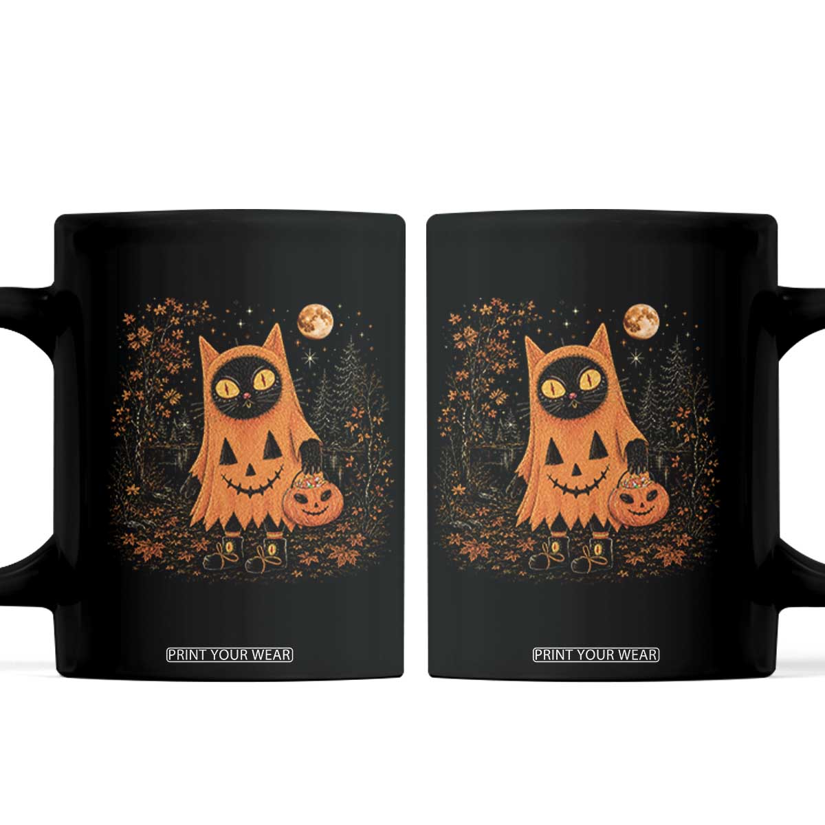 Vintage 90s Black Cat Halloween Coffee Mug Spooky Season Pumpkin Cat Lovers Autumn Harvest Graphic