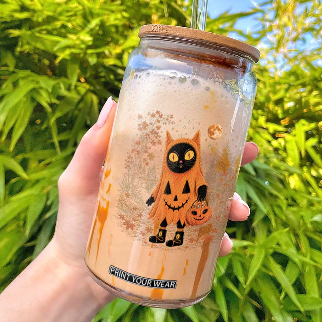 Vintage 90s Black Cat Halloween Glass Can Spooky Season Pumpkin Cat Lovers Autumn Harvest Graphic