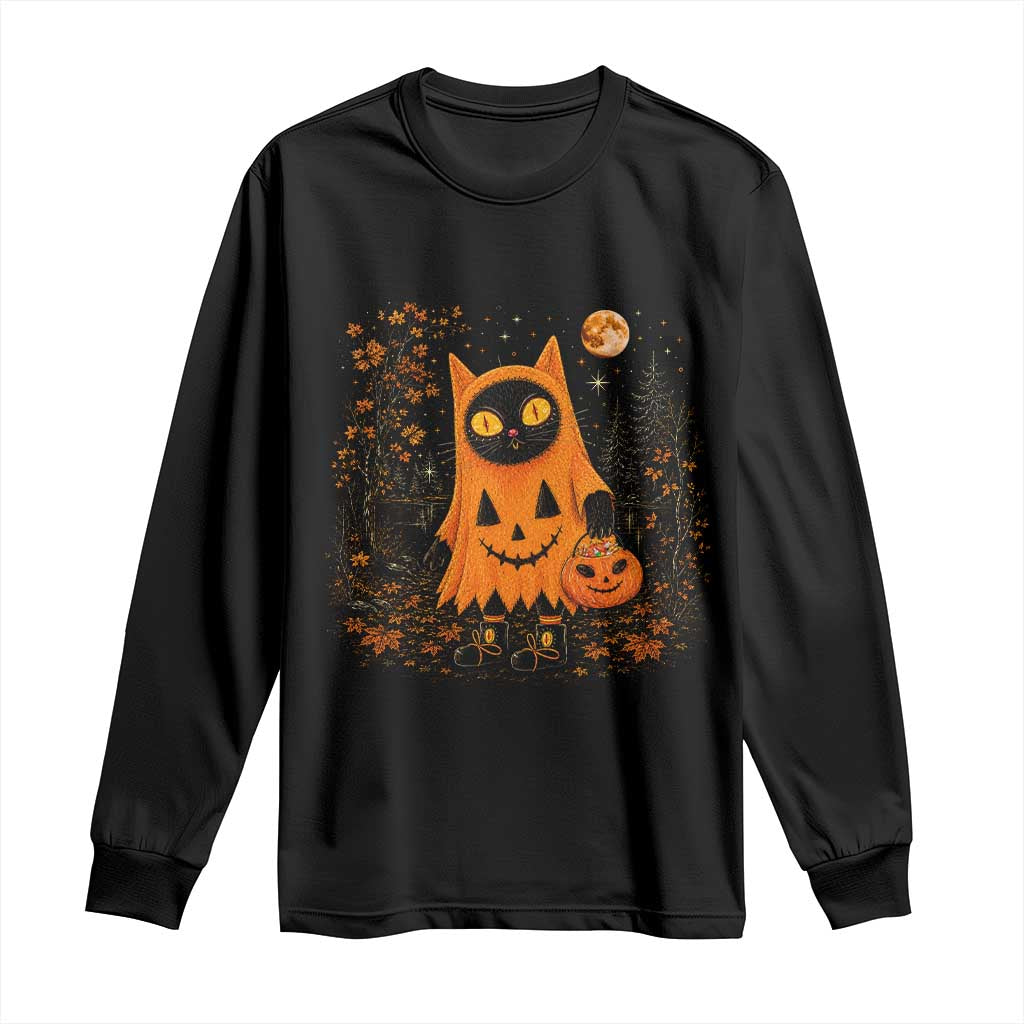 Vintage 90s Black Cat Halloween Long Sleeve Shirt Spooky Season Pumpkin Cat Lovers Autumn Harvest Graphic