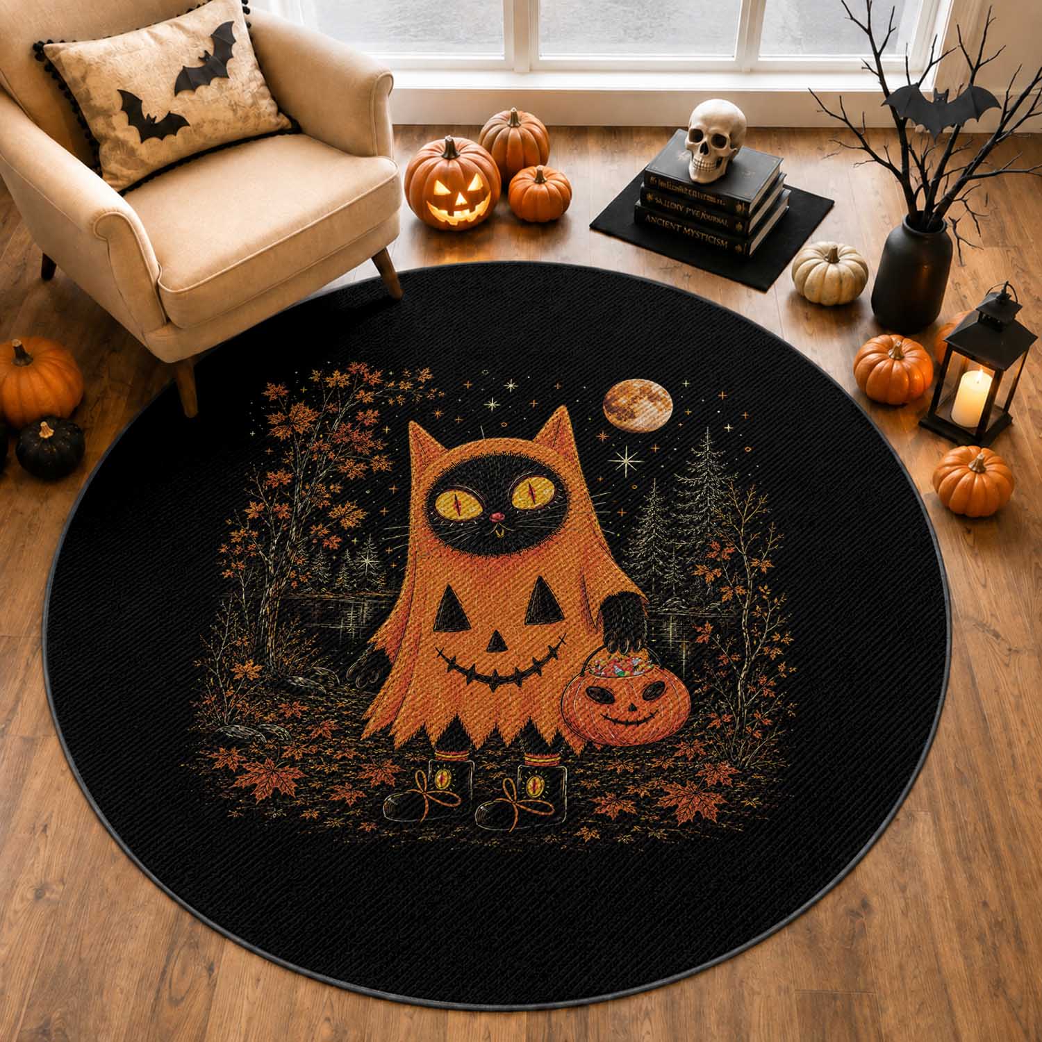 Vintage 90s Black Cat Halloween Round Rug Spooky Season Pumpkin Cat Lovers Autumn Harvest Graphic