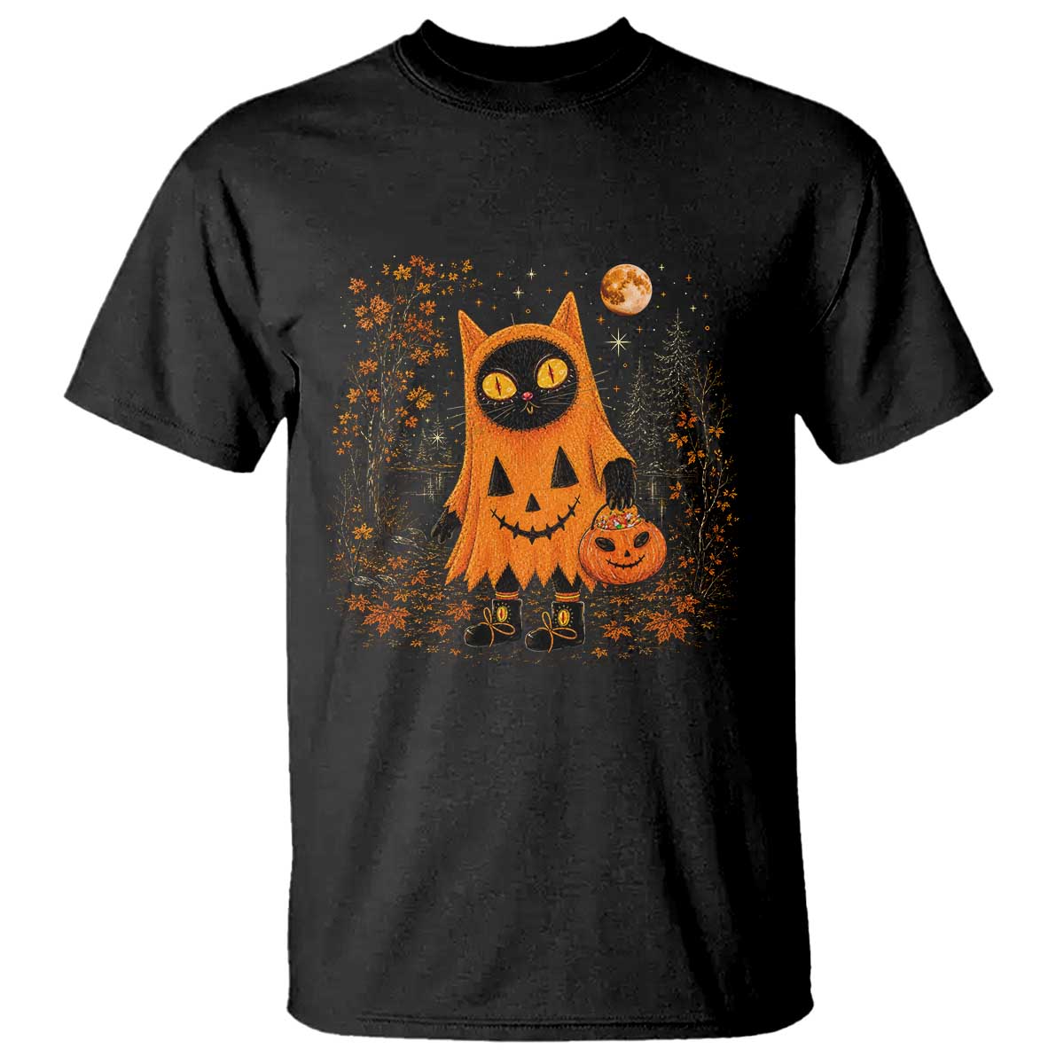 Vintage 90s Black Cat Halloween T Shirt Spooky Season Pumpkin Cat Lovers Autumn Harvest Graphic