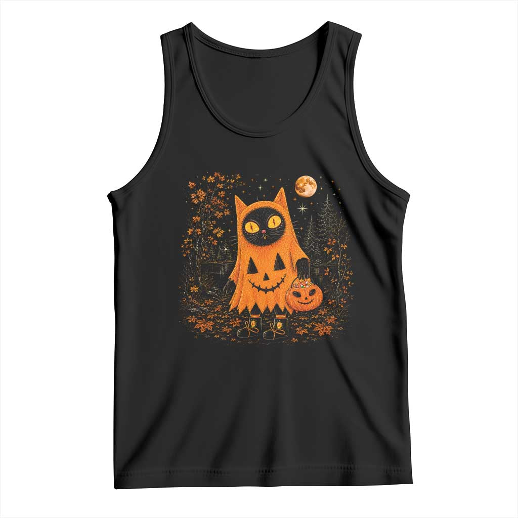 Vintage 90s Black Cat Halloween Tank Top Spooky Season Pumpkin Cat Lovers Autumn Harvest Graphic