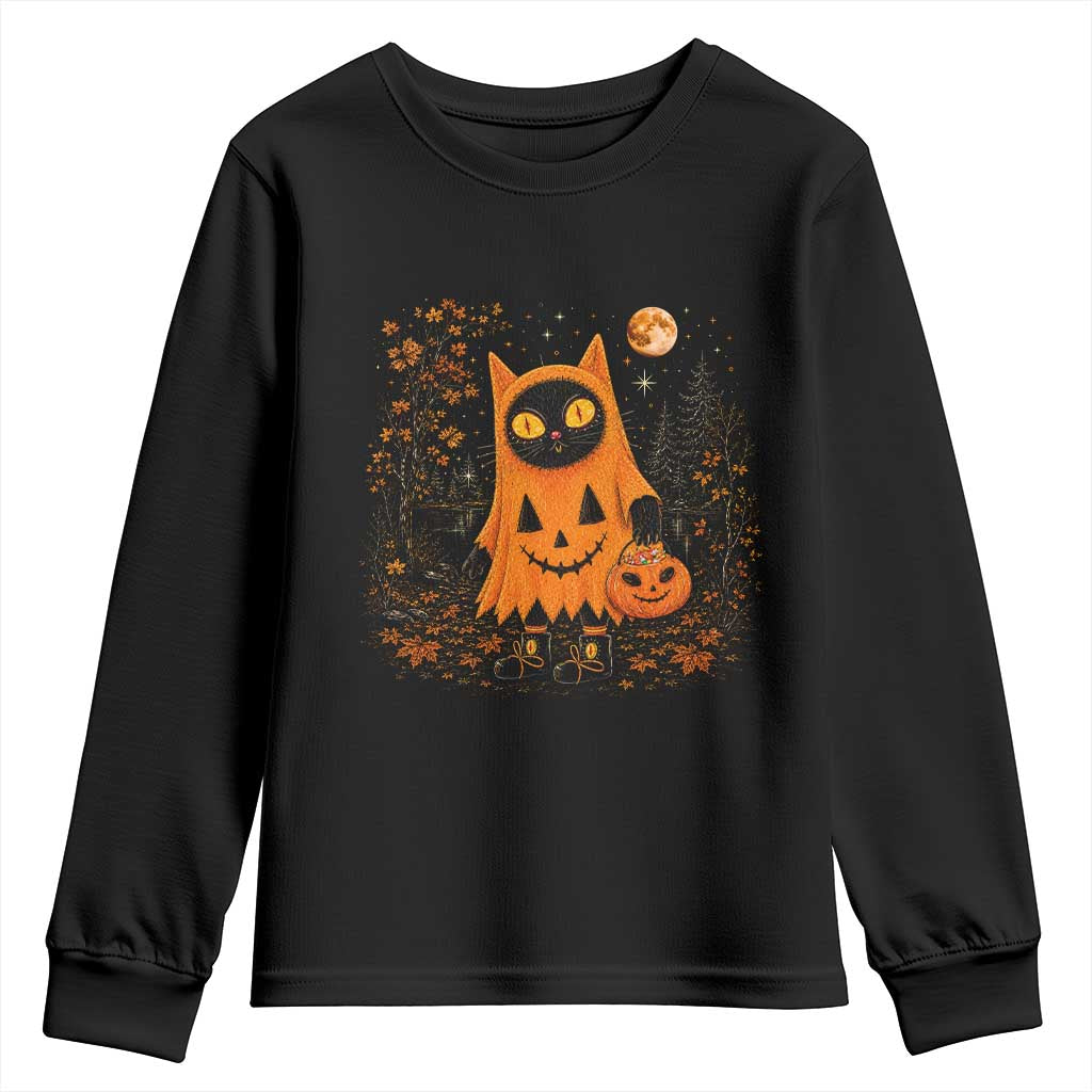 Vintage 90s Black Cat Halloween Youth Sweatshirt Spooky Season Pumpkin Cat Lovers Autumn Harvest Graphic