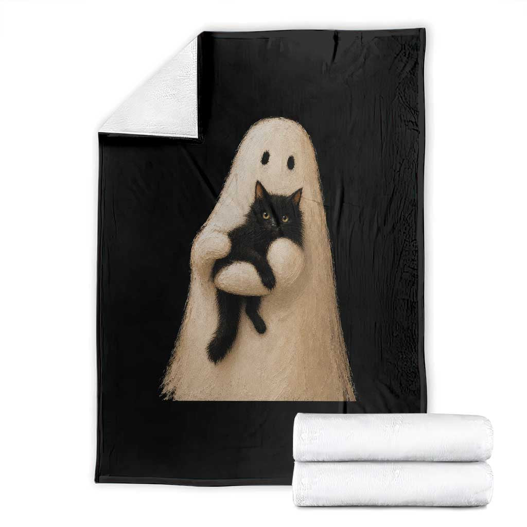 Ghost Hugging Black Cat Throw Blanket Halloween Cat Lover Impasto Painting Halloween Graphic