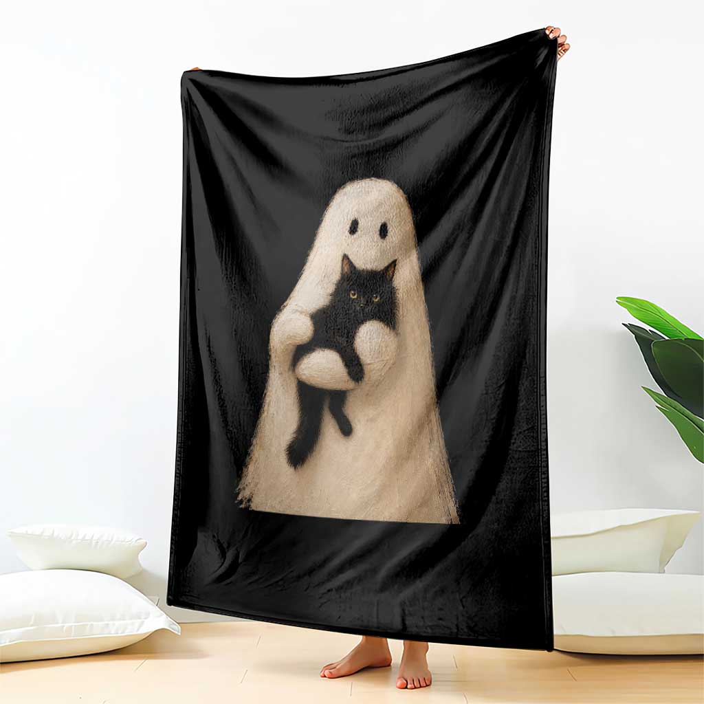 Ghost Hugging Black Cat Throw Blanket Halloween Cat Lover Impasto Painting Halloween Graphic