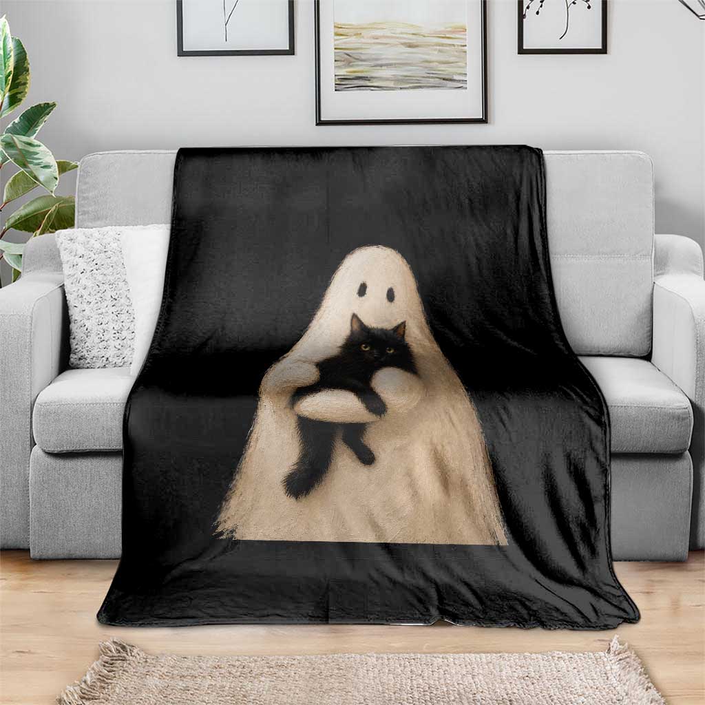Ghost Hugging Black Cat Throw Blanket Halloween Cat Lover Impasto Painting Halloween Graphic
