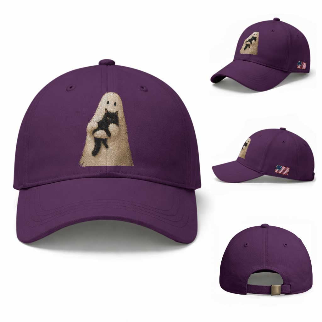 Ghost Hugging Black Cat Baseball Cap Halloween Cat Lover Impasto Painting Halloween Graphic