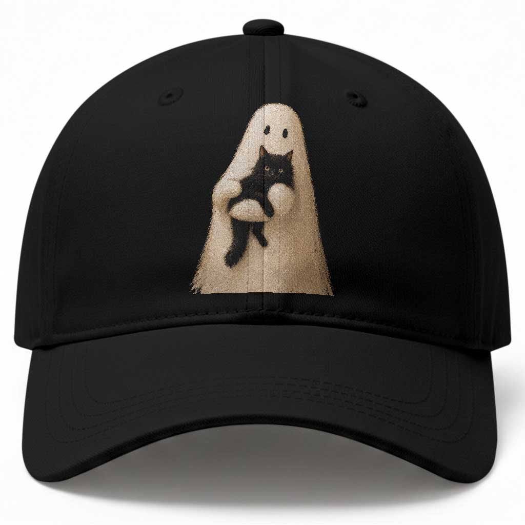 Ghost Hugging Black Cat Baseball Cap Halloween Cat Lover Impasto Painting Halloween Graphic
