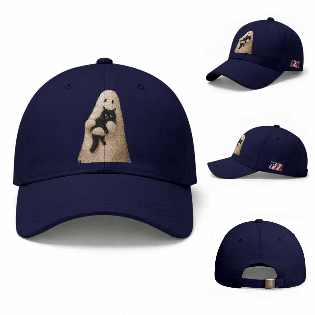 Ghost Hugging Black Cat Baseball Cap Halloween Cat Lover Impasto Painting Halloween Graphic