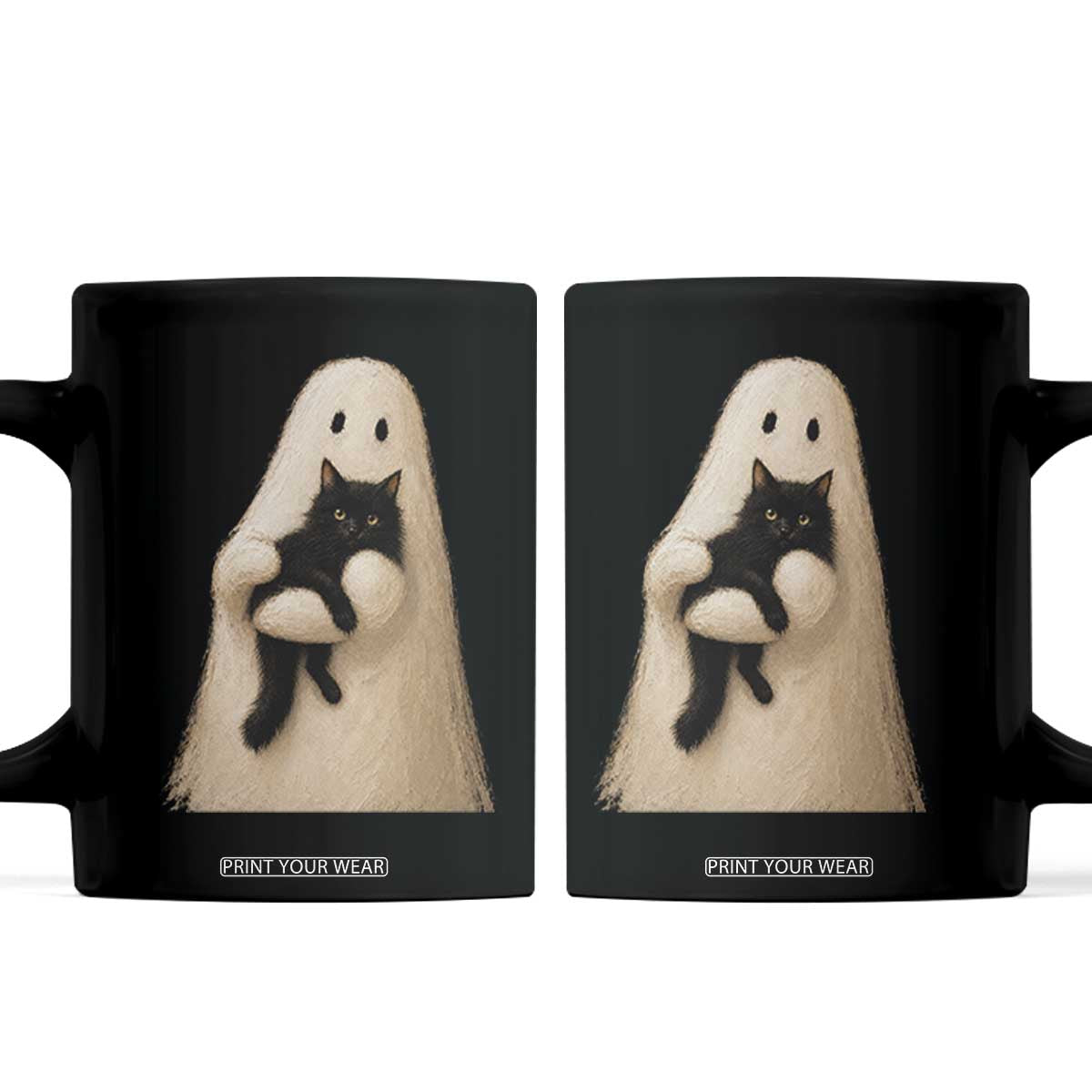 Ghost Hugging Black Cat Coffee Mug Halloween Cat Lover Impasto Painting Halloween Graphic