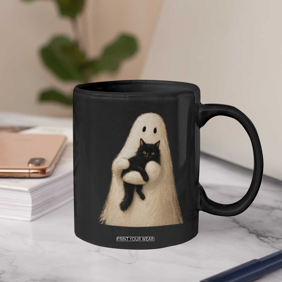 Ghost Hugging Black Cat Coffee Mug Halloween Cat Lover Impasto Painting Halloween Graphic
