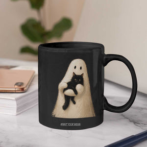 Ghost Hugging Black Cat Coffee Mug Halloween Cat Lover Impasto Painting Halloween Graphic