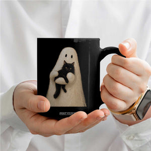 Ghost Hugging Black Cat Coffee Mug Halloween Cat Lover Impasto Painting Halloween Graphic