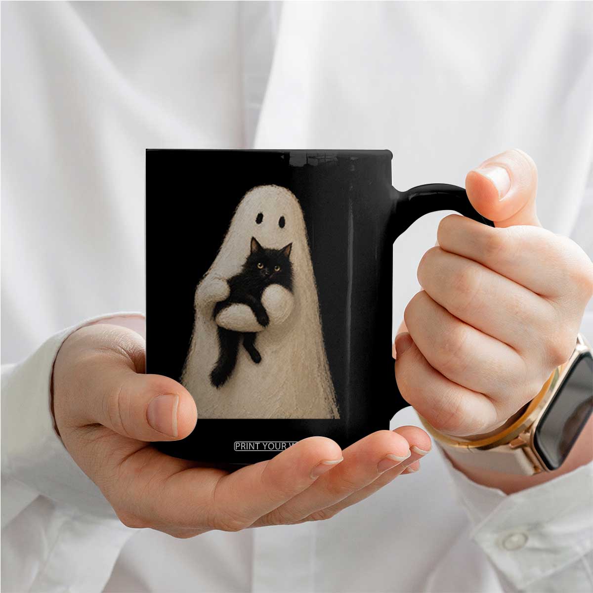 Ghost Hugging Black Cat Coffee Mug Halloween Cat Lover Impasto Painting Halloween Graphic