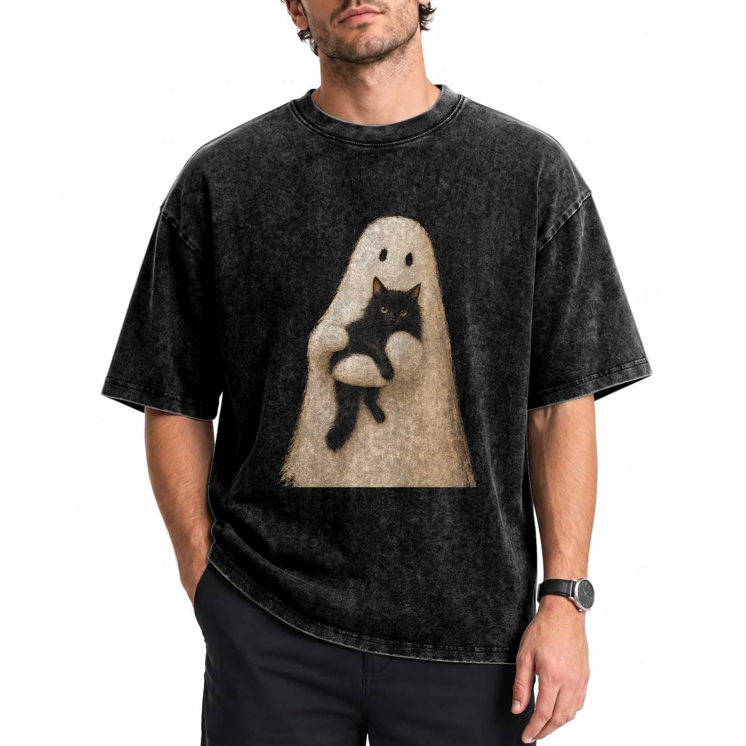 Ghost Hugging Black Cat Washed Cotton T-Shirt Halloween Cat Lover Impasto Painting Halloween Graphic