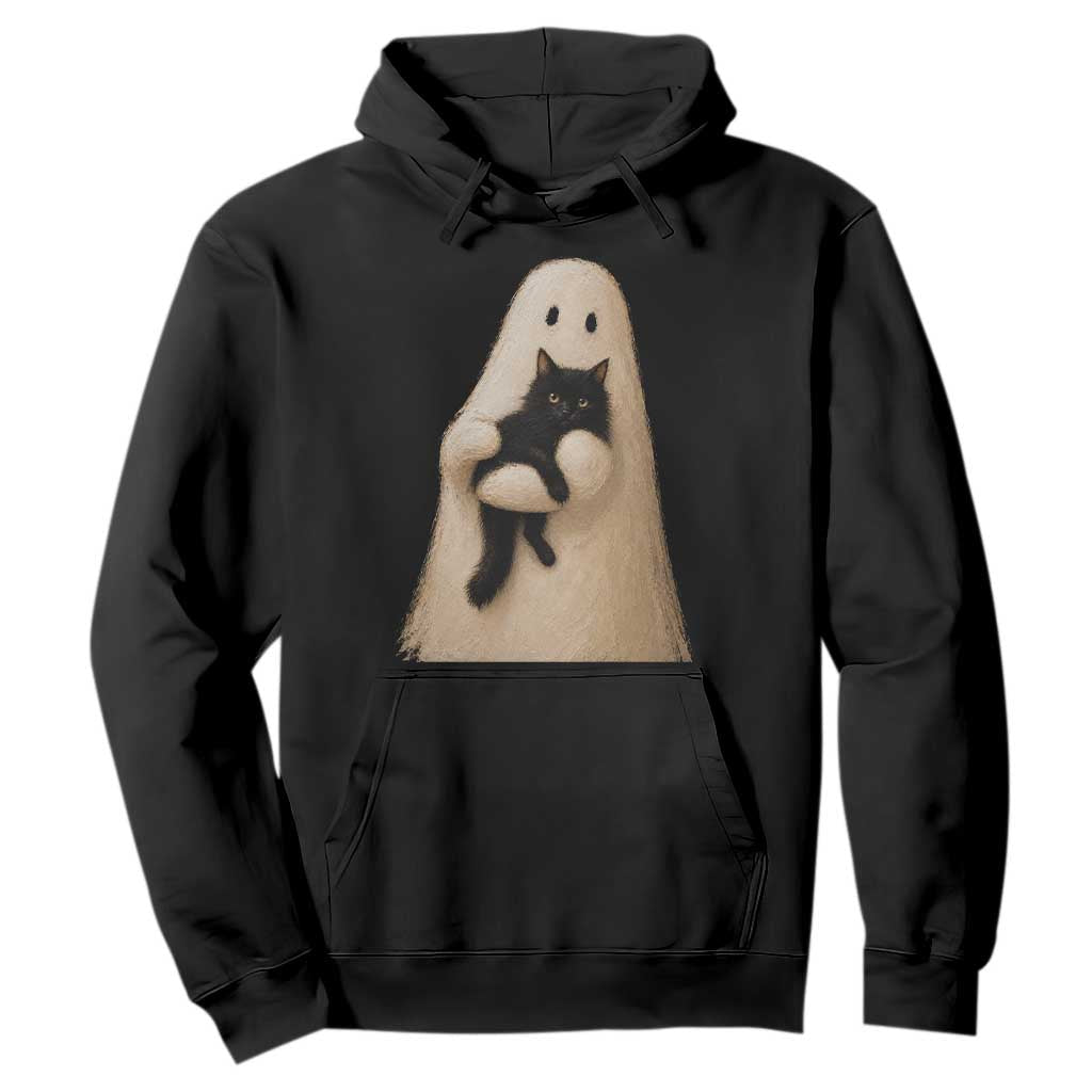 Ghost Hugging Black Cat Hoodie Halloween Cat Lover Impasto Painting Halloween Graphic