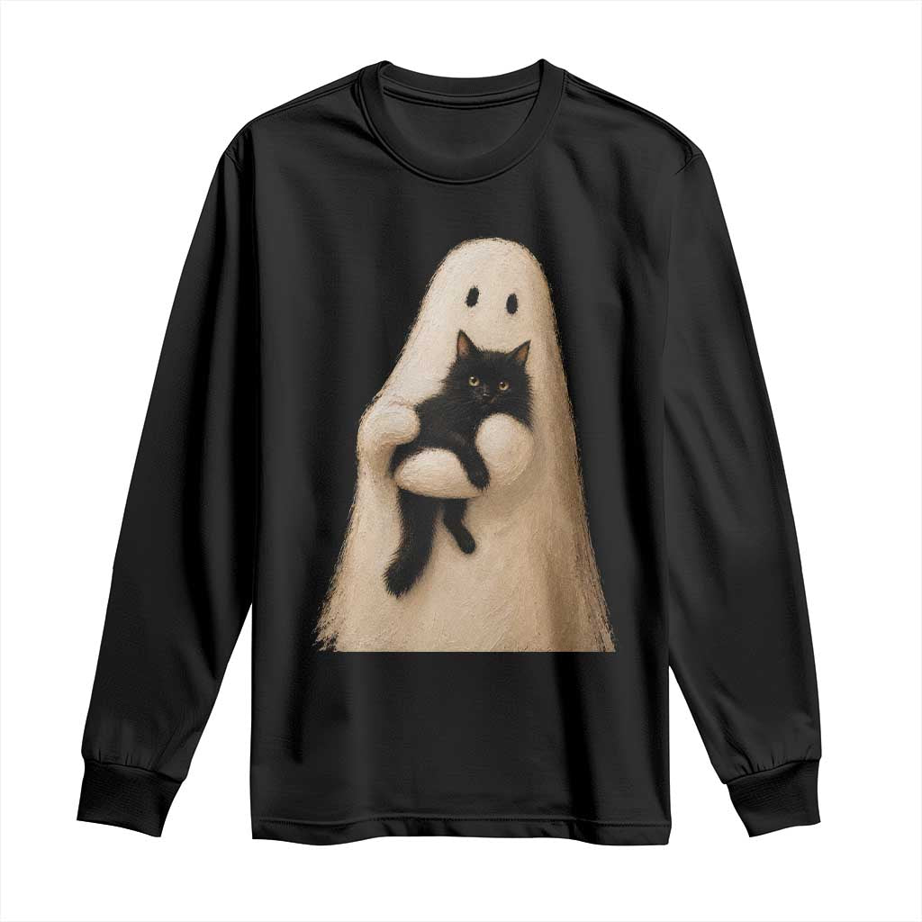 Ghost Hugging Black Cat Long Sleeve Shirt Halloween Cat Lover Impasto Painting Halloween Graphic
