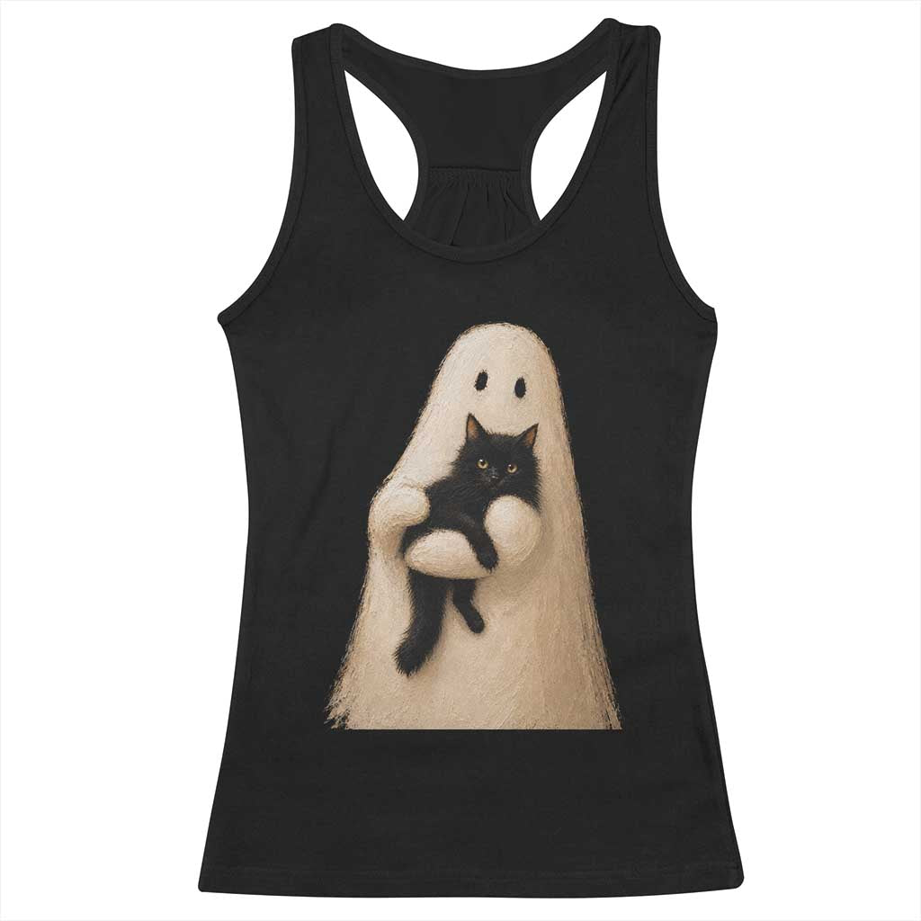 Ghost Hugging Black Cat Racerback Tank Top Halloween Cat Lover Impasto Painting Halloween Graphic