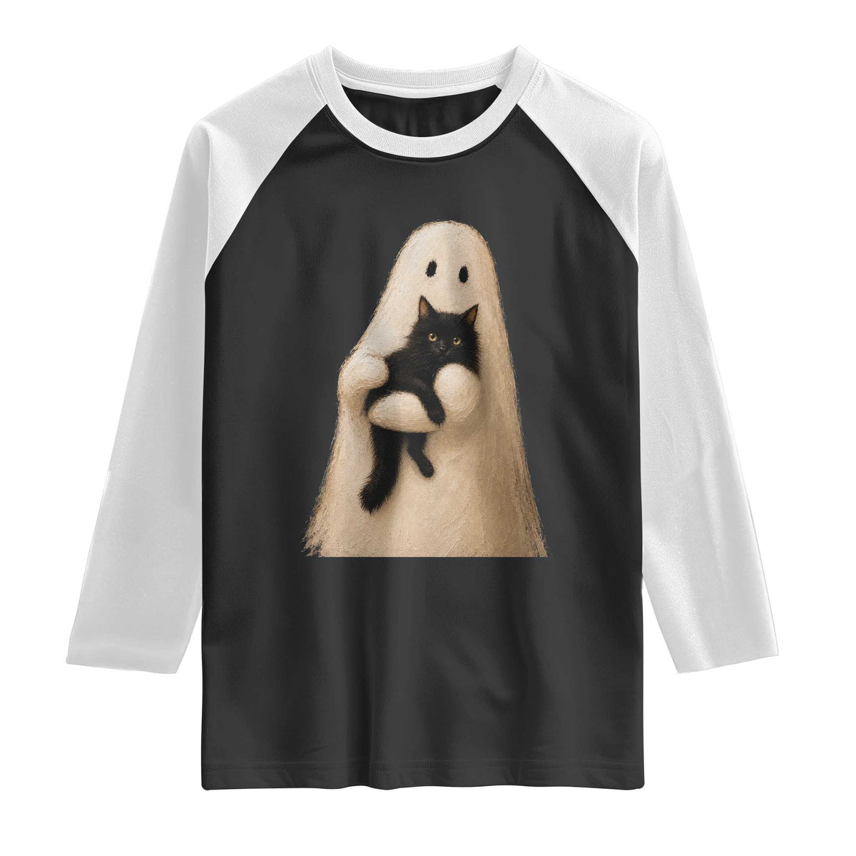 Ghost Hugging Black Cat Raglan Shirt Halloween Cat Lover Impasto Painting Halloween Graphic