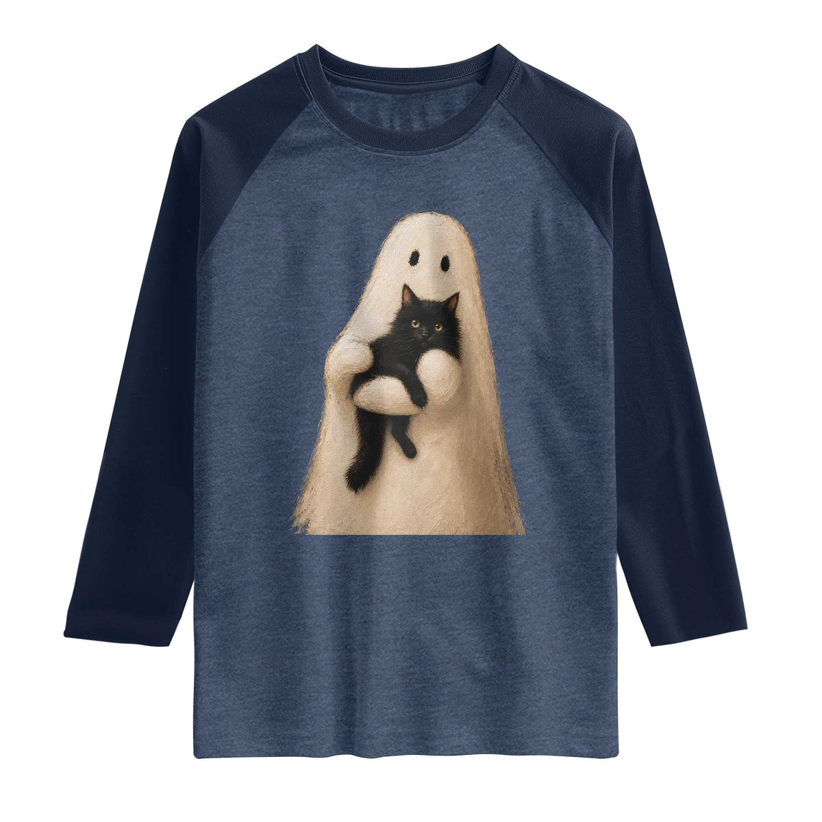 Ghost Hugging Black Cat Raglan Shirt Halloween Cat Lover Impasto Painting Halloween Graphic
