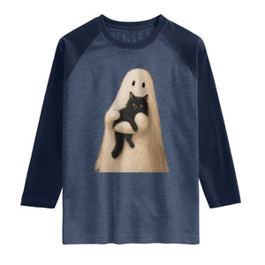 Ghost Hugging Black Cat Raglan Shirt Halloween Cat Lover Impasto Painting Halloween Graphic