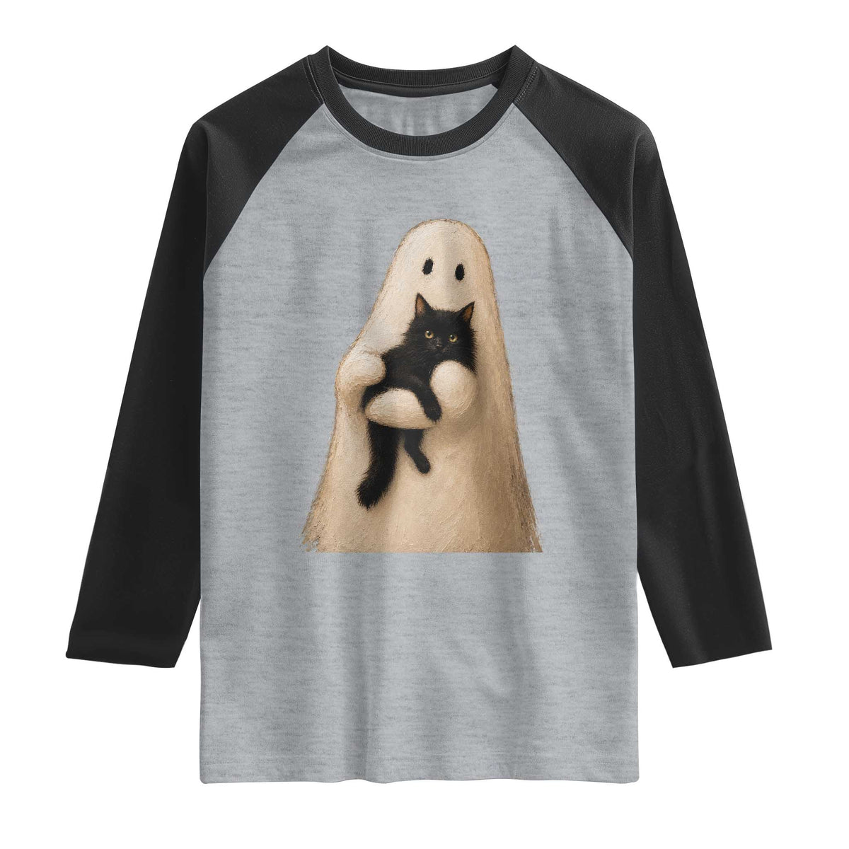 Ghost Hugging Black Cat Raglan Shirt Halloween Cat Lover Impasto Painting Halloween Graphic