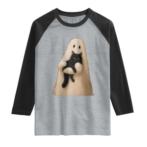 Ghost Hugging Black Cat Raglan Shirt Halloween Cat Lover Impasto Painting Halloween Graphic
