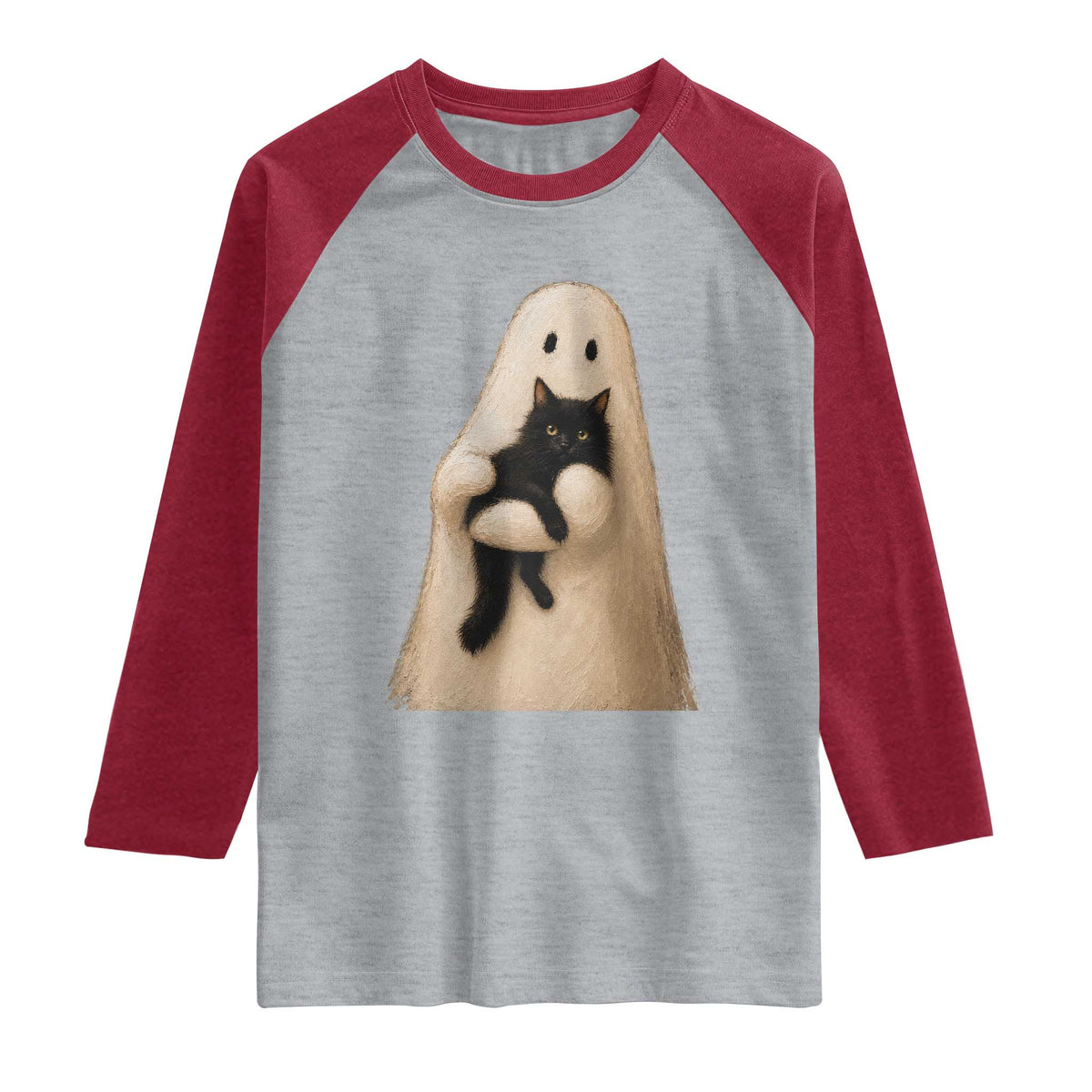 Ghost Hugging Black Cat Raglan Shirt Halloween Cat Lover Impasto Painting Halloween Graphic