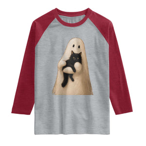 Ghost Hugging Black Cat Raglan Shirt Halloween Cat Lover Impasto Painting Halloween Graphic