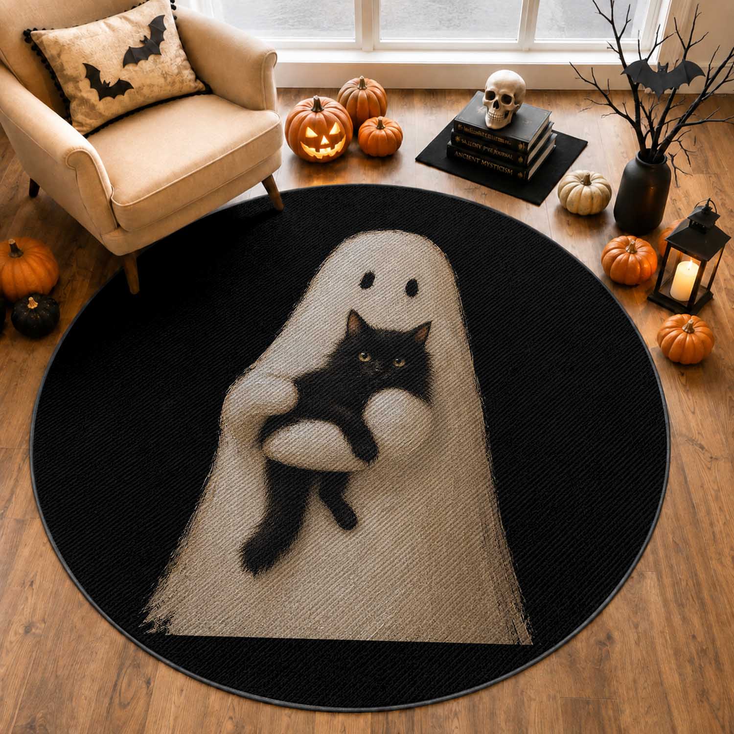 Ghost Hugging Black Cat Round Rug Halloween Cat Lover Impasto Painting Halloween Graphic