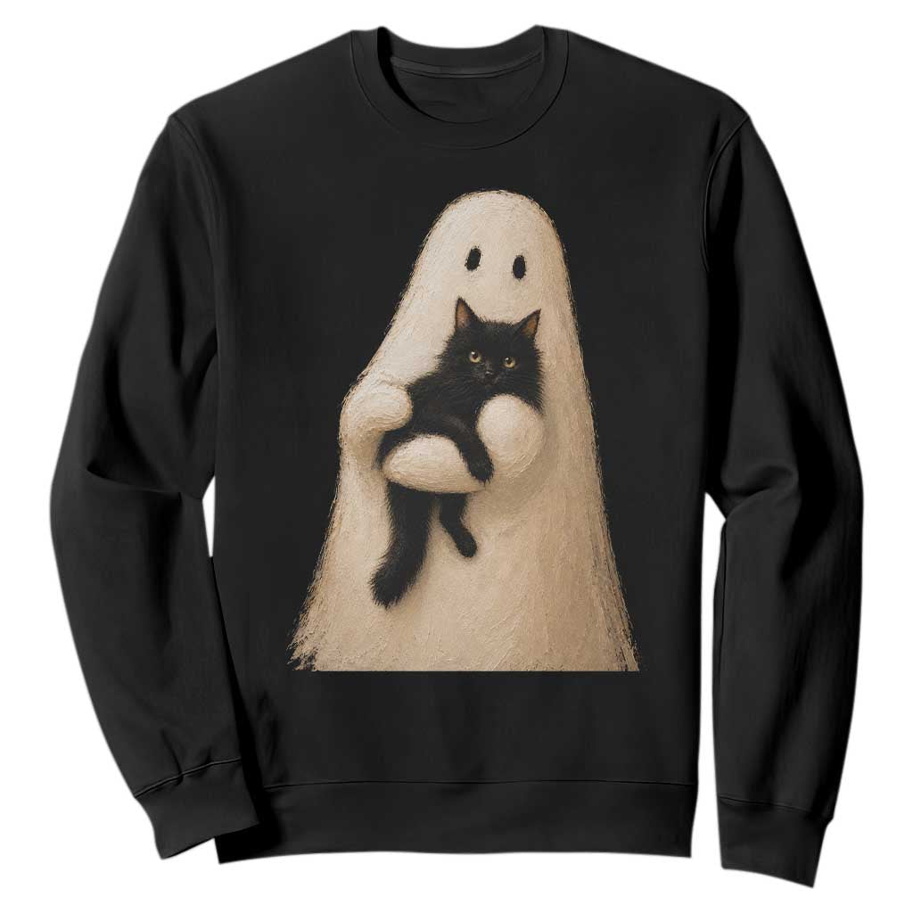 Ghost Hugging Black Cat Sweatshirt Halloween Cat Lover Impasto Painting Halloween Graphic