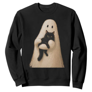 Ghost Hugging Black Cat Sweatshirt Halloween Cat Lover Impasto Painting Halloween Graphic