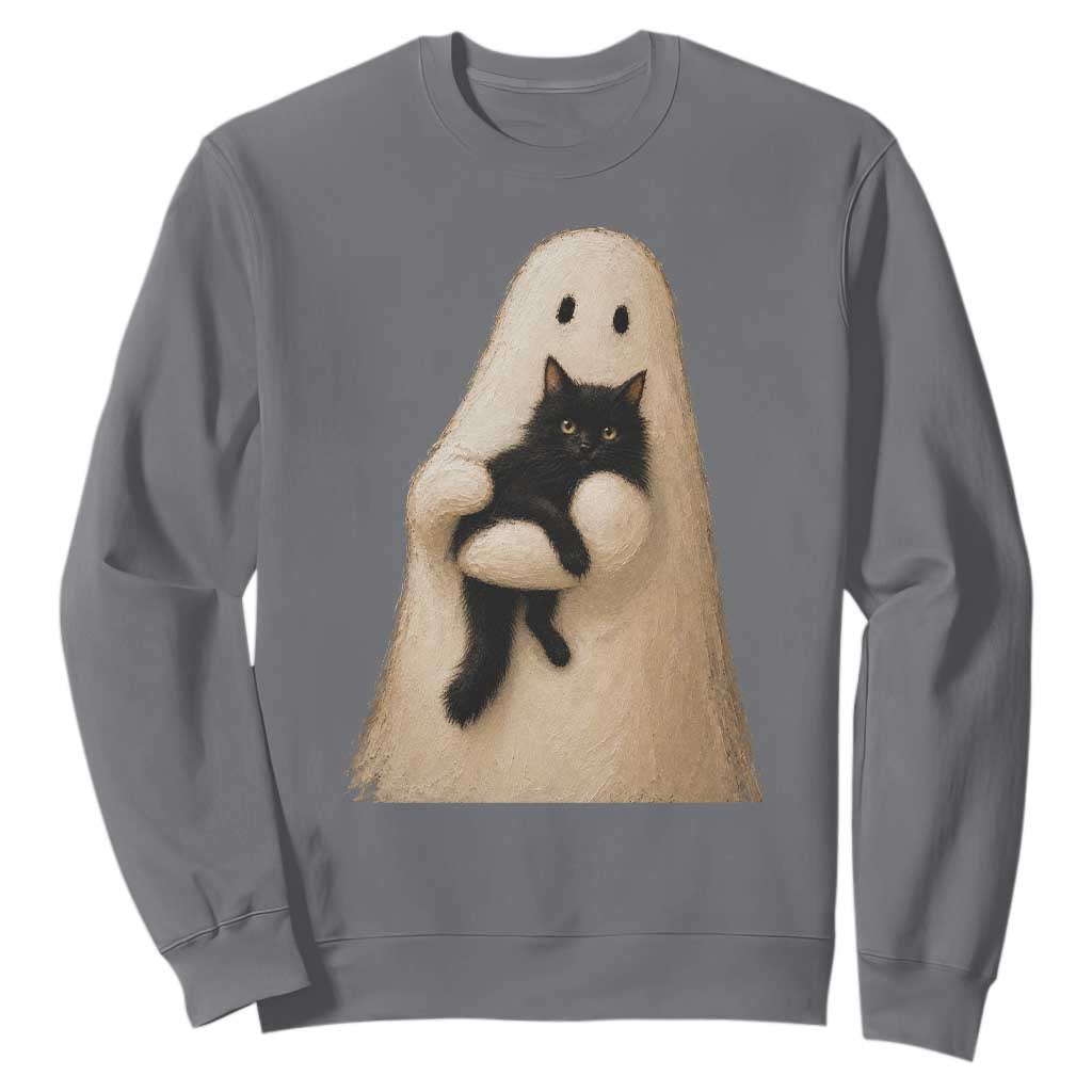Ghost Hugging Black Cat Sweatshirt Halloween Cat Lover Impasto Painting Halloween Graphic