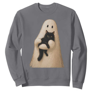 Ghost Hugging Black Cat Sweatshirt Halloween Cat Lover Impasto Painting Halloween Graphic