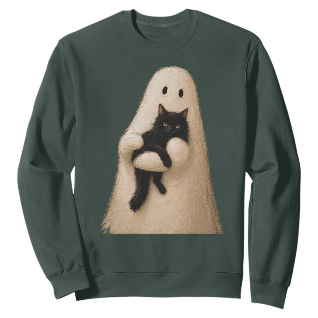 Ghost Hugging Black Cat Sweatshirt Halloween Cat Lover Impasto Painting Halloween Graphic