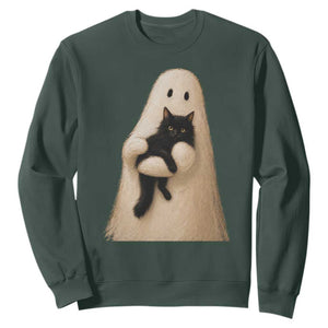 Ghost Hugging Black Cat Sweatshirt Halloween Cat Lover Impasto Painting Halloween Graphic