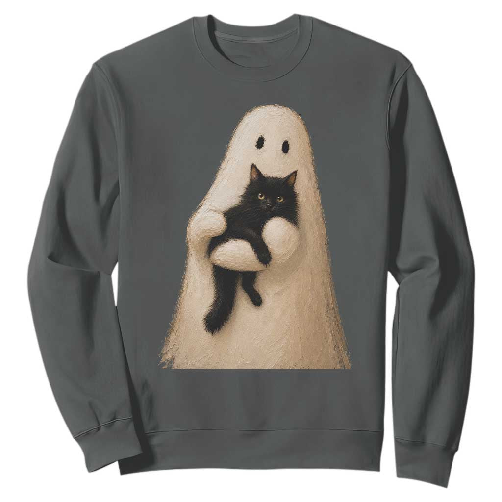 Ghost Hugging Black Cat Sweatshirt Halloween Cat Lover Impasto Painting Halloween Graphic