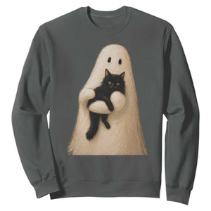 Ghost Hugging Black Cat Sweatshirt Halloween Cat Lover Impasto Painting Halloween Graphic