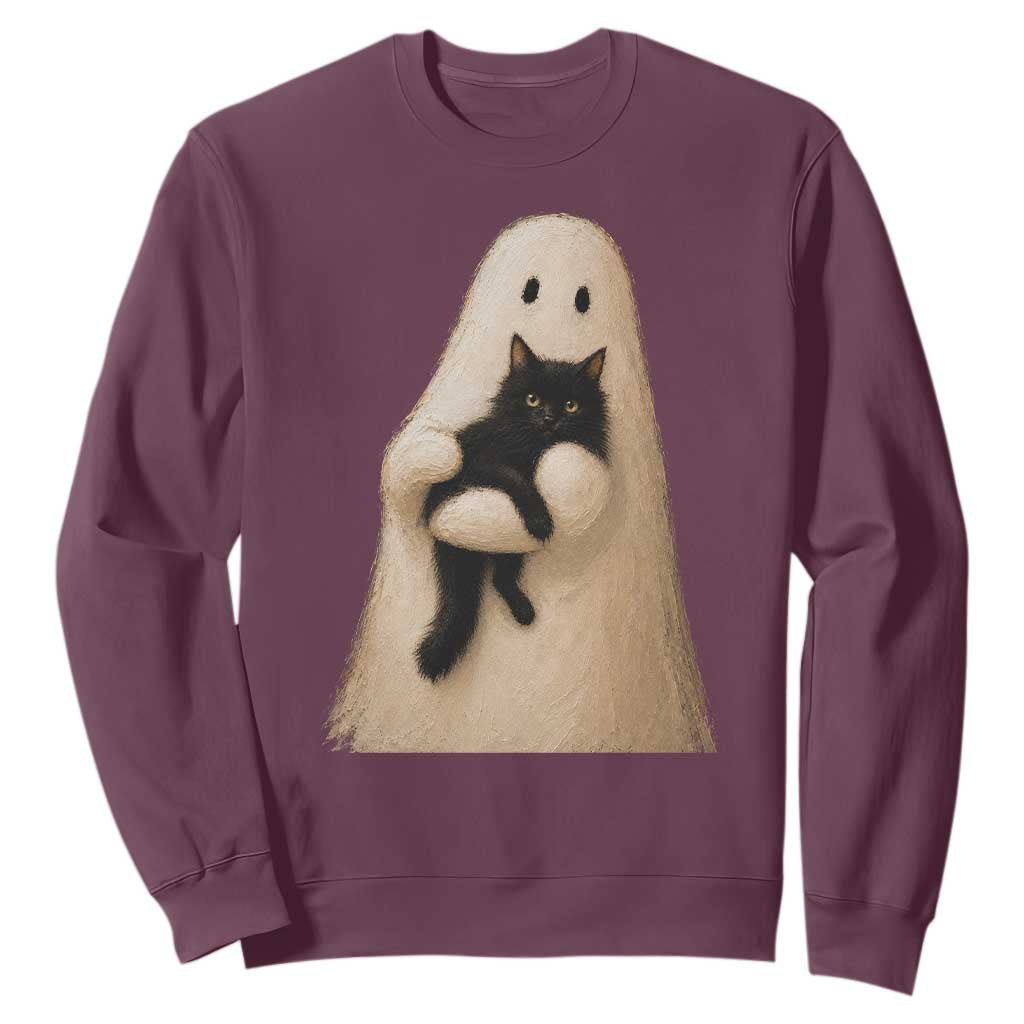 Ghost Hugging Black Cat Sweatshirt Halloween Cat Lover Impasto Painting Halloween Graphic
