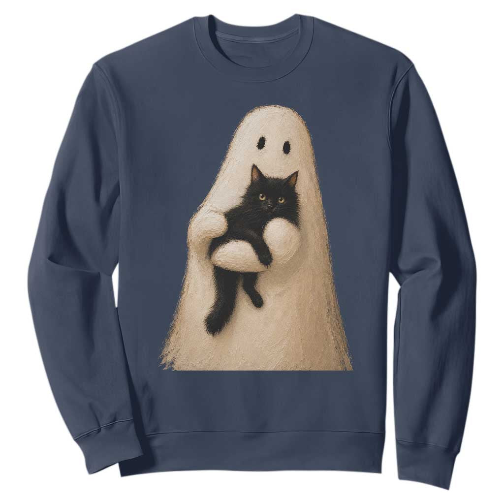 Ghost Hugging Black Cat Sweatshirt Halloween Cat Lover Impasto Painting Halloween Graphic