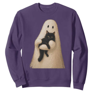 Ghost Hugging Black Cat Sweatshirt Halloween Cat Lover Impasto Painting Halloween Graphic