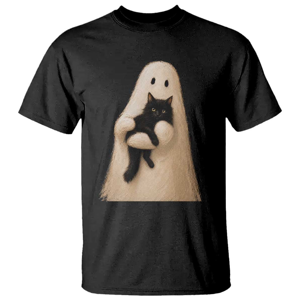 Ghost Hugging Black Cat T Shirt Halloween Cat Lover Impasto Painting Halloween Graphic