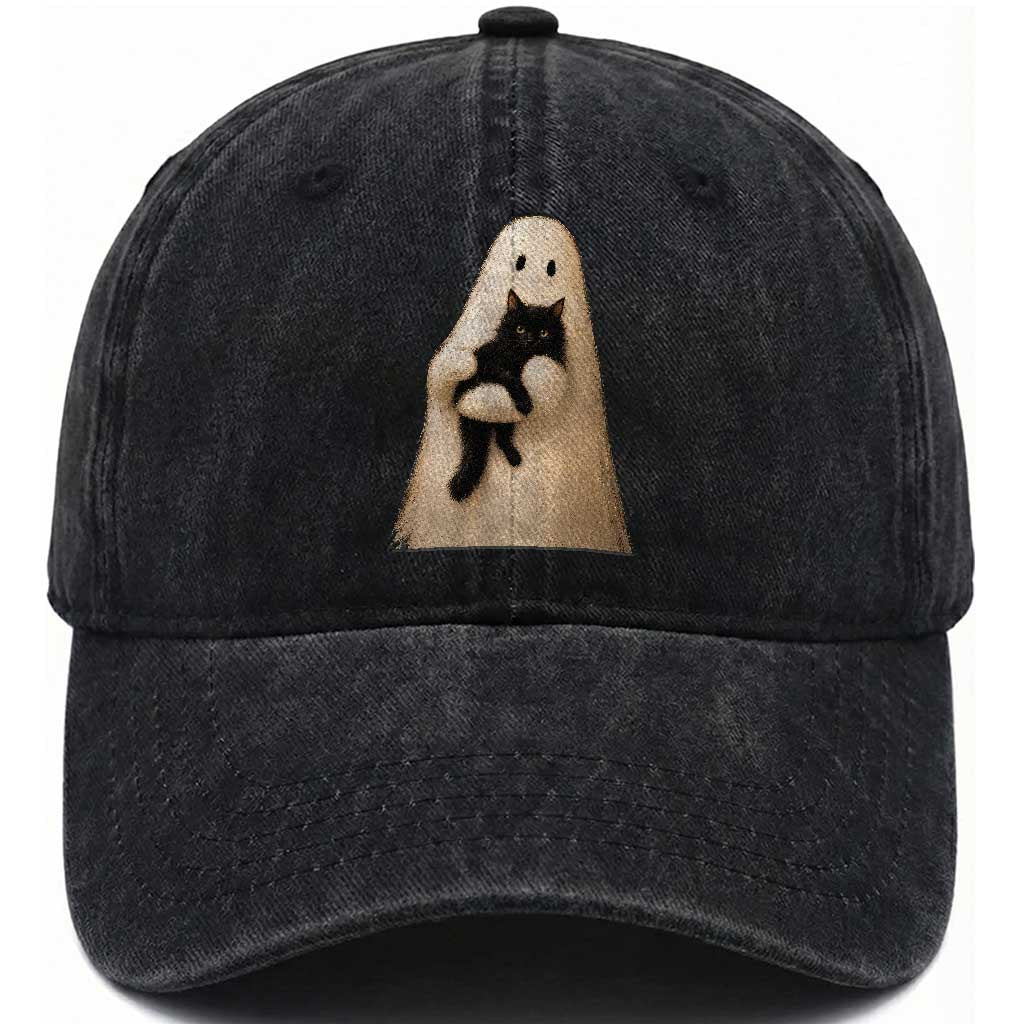 Ghost Hugging Black Cat Washed Cotton Baseball Cap Halloween Cat Lover Impasto Painting Halloween Graphic