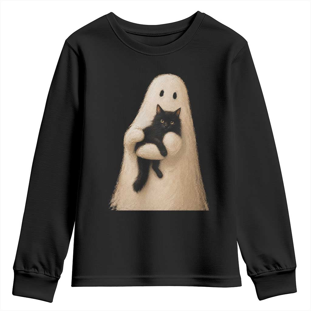 Ghost Hugging Black Cat Youth Sweatshirt Halloween Cat Lover Impasto Painting Halloween Graphic