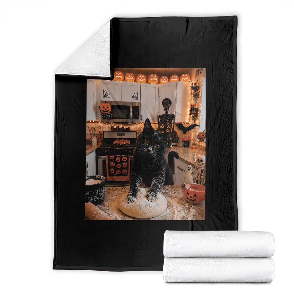 Black Cat Making Biscuits Throw Blanket Spooky Halloween Kitchen Flour Kneading Graphic