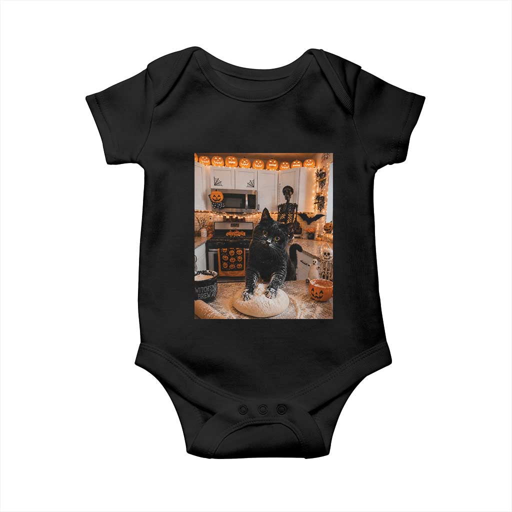 Black Cat Making Biscuits Baby Onesie Spooky Halloween Kitchen Flour Kneading Graphic