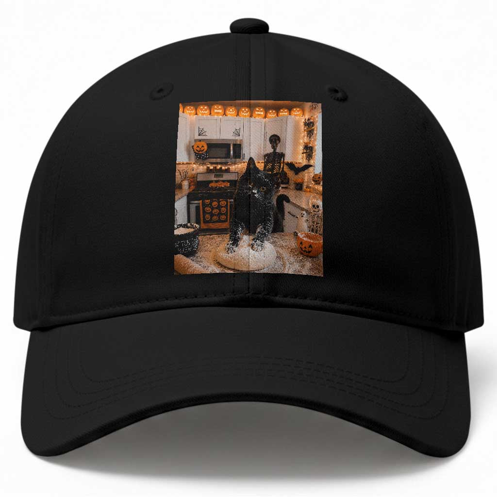 Black Cat Making Biscuits Baseball Cap Spooky Halloween Kitchen Flour Kneading Graphic